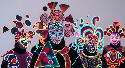 Colorful artistic performance with vibrant masks and neon patterns showcased by diverse group of performers.