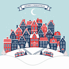 Vibrant Christmas Village Illustration in Paper Cut Style
