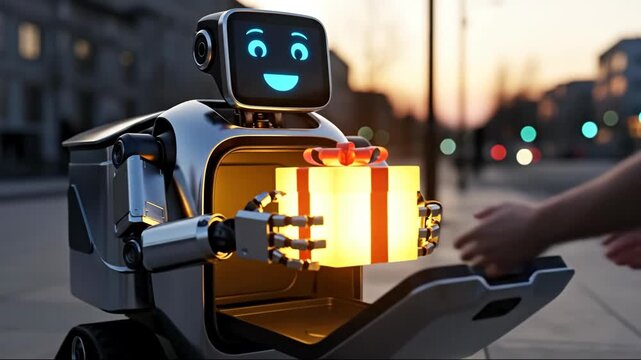 Robot delivery with glowing present box on street, future innovation ai technology and autonomous service automation concept, 3d animation
