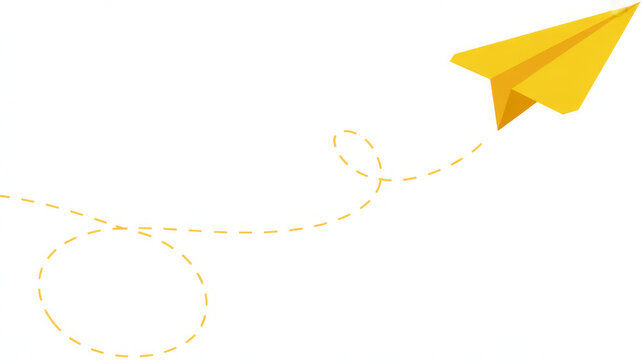 Yellow paper airplane with dotted line trail flat vector illustration for travel freedom and childhood concepts isolated on white background