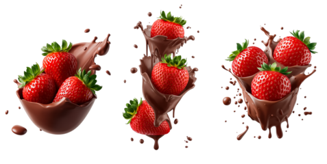 Fresh strawberries in chocolate isolated on transparent background