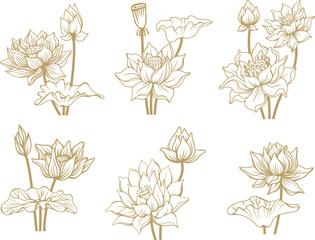 Lotus Flower Symbol Vector Set in Delicate Line Art Style