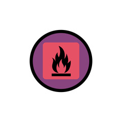 Fire flame icon. Danger warning symbol. Circle safety vector. Combustion hazard element.