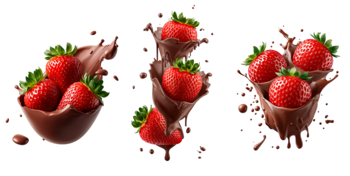 Fresh strawberries in chocolate isolated on transparent background
