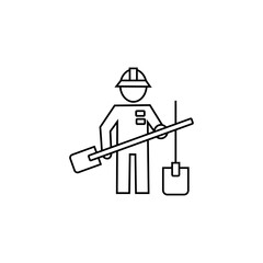 Miner worker icon. Industrial job symbol. Man shovel vector. Coal mining element.