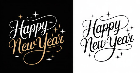 Elegant Happy New Year lettering festive calligraphy design for holiday greetings and invitations available in black and white versions