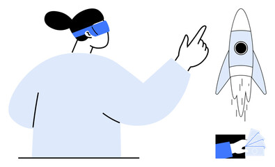 Woman wears VR headset and points at a launching rocket with cash and card icon as added elements. Ideal for innovation, technology, virtual reality, dreams, success, startups, simple flat metaphor