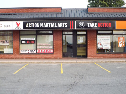 Gloucester, ON, Canada-May 23,2025:The storefront of a martial arts studio called "Action Martial Arts" at 2200 Montr&eacute;al Rd.