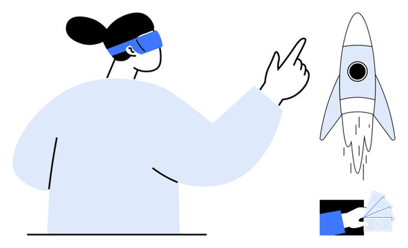 Woman wears VR headset and points at a launching rocket with cash and card icon as added elements. Ideal for innovation, technology, virtual reality, dreams, success, startups, simple flat metaphor