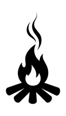 A black and white silhouette of a burning campfire with smoke, symbolizing warmth and companionship on a white isolated background. Vector graphics. EPS.