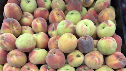 Close-up of bulk peaches, varying between green, yellow, and reddish-pink. The fruits are piled up on display for sale at a market or fair.