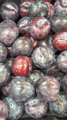 Vertical close-up of bulk plums (stone fruit) for sale at a market or fair. Dark purple and vivid red colors with natural bloom on the peel.