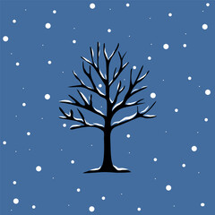 Winter tree illustration. Snowy nature vector. Frozen landscape scene. Bare branch silhouette.