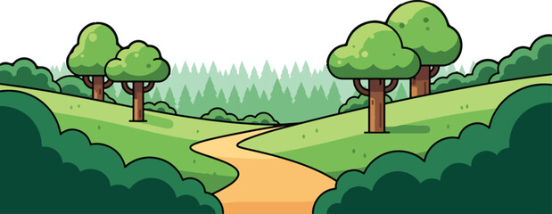 Cartoon landscape with trees, hills, and a winding path under a blue sky with fluffy clouds, creating a peaceful and serene scene