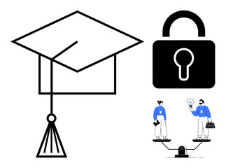 Graduation cap, lock symbolizing security, and individuals exchanging innovative ideas on a scale. Ideal for education, learning, security, teamwork, balance, intellectual property innovative