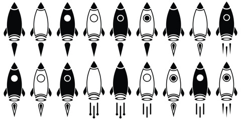 rocket vector icons set. Launch spaceship or spacecraft. Rocket fast flying for space. New business start up.