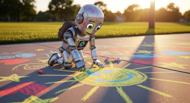 Robot drawing with sidewalk chalk a sun on asphalt. Artificial intelligence for education and learning concept. Modern technology in everyday life.