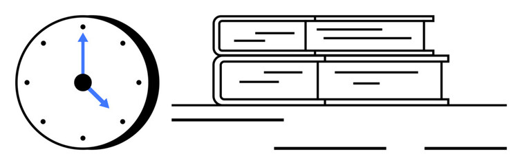 Analog clock alongside stacked books symbolizing time management, education, planning, focus, productivity, organization, and learning. Ideal for study concepts, professional growth and efficient