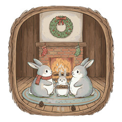 Cozy Christmas Rabbit Family by the Fireplace in a Log Cabin with Wreath and Cookies