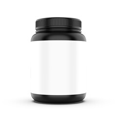 Blank Label Black Plastic Bottle Product Packaging. Isolated Supplement Jar Container Template.