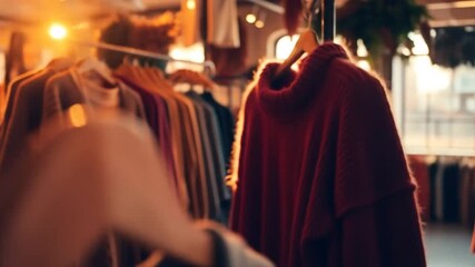 Several sweaters arranged in a retail setting feature different styles and colors. 4k video