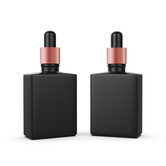 Obraz premium Black Dropper Bottles mockup with Rose Gold Accents. Skincare Serum Cosmetic Product Packaging.