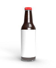 Dark Glass Bottle Mockup with Blank White Label and Red Cap Isolated on White