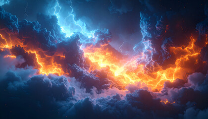 Fototapeta premium Dramatic storm clouds glow with fiery orange energy during a powerful electrical storm at dusk, creating a surreal and aweinspiring atmospheric spectacle.