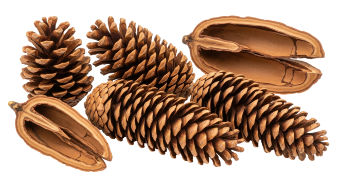 Group of brown pinecones, some whole, some sliced, showcasing details