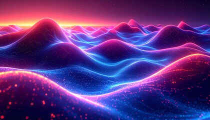 Glowing abstract waves ripple across a digital landscape under a vibrant sunset sky, creating a futuristic and ethereal atmosphere.