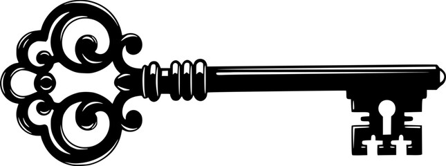Skeleton key silhouette. This image shows a black silhouette of an ornate, antique skeleton key with intricate details, used for unlocking vintage locks. Vector clipart illustration design.