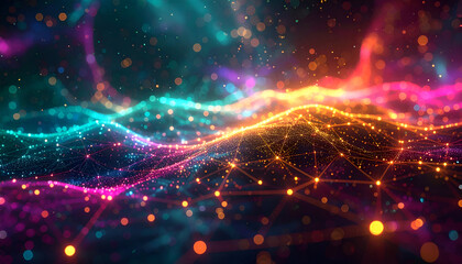 Abstract network pulsating with vibrant colors across a digital landscape, symbolizing connectivity and innovation in a futuristic and energetic scene.