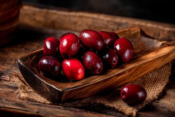 Dark olives sit in a wooden dish, glistening with moisture under soft light. The rustic background adds warmth to the scene, showcasing the natural beauty of the olives