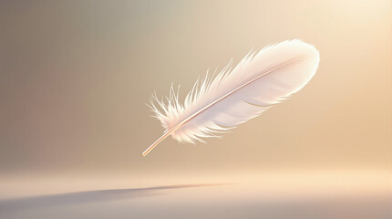 Obraz premium Delicate Ascent: A single, pristine white feather floats gently against a soft, sunlit background, evoking a sense of purity, freedom, and effortless grace.
