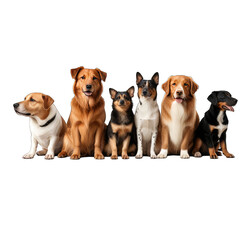 Group of various dog breeds posing against a transparent background