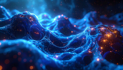 Naklejka premium Abstract blue nebula swirls and glows with orange light in the vast expanse of space, creating a mesmerizing and ethereal cosmic spectacle.