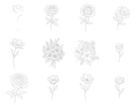 Delicate line art florals blooming with gentle grace in a subtle monochrome tone