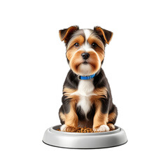 Adorable small terrier puppy sitting patiently with a full food bowl