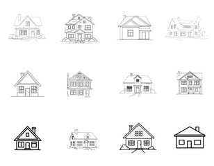 Variety of architectural house designs in minimalist line art drawings