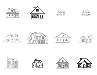 Fototapeta premium Various architectural house line art illustrations showcasing diverse home styles
