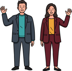 Fototapeta premium Businessman and businesswoman waving hands in professional suits vector illustration for corporate greeting and communication concept 