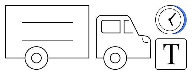 Delivery truck with clock suggesting punctuality and time management, complemented by a text block. Ideal for shipping, logistics, delivery, transportation, efficiency, punctuality, customizable