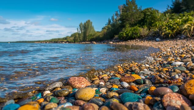 Abstract Shoreline Composition with Colorful Pebbles and Gentle Wave Action. - Powered by Adobe