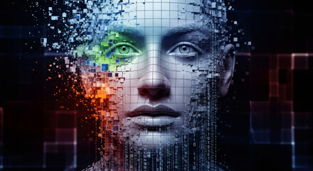 Human face dissolving into digital pixels and binary code. Artificial intelligence and machine learning technology. Identity data concept.