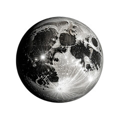 Illuminated celestial body in space, displaying craters and radiating light