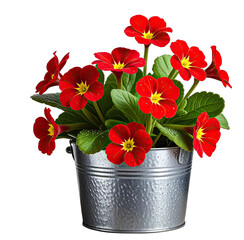 Close-up of potted red primroses with yellow centers and green leaves