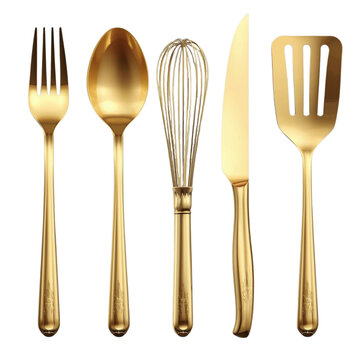 Luxury Golden Kitchen Utensils Clipart Set - Premium Metallic Cooking Tools Isolated