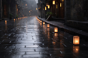 Fototapeta premium rainy cobbled street, after rain, old stone street reflects lanterns creating a calm, nostalgic atmosphere
