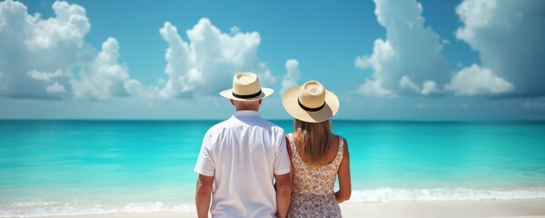 Elderly couple stands on a white sand beach looking at calm blue ocean waves under a cloudy sky. They wear straw hats, enjoying a peaceful vacation together.