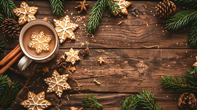 Weihnachtlich geschm&uuml;ckter Holztisch mit Weihnachtspl&auml;tzchen, Tannenzweigen und hei&szlig;em Kakao